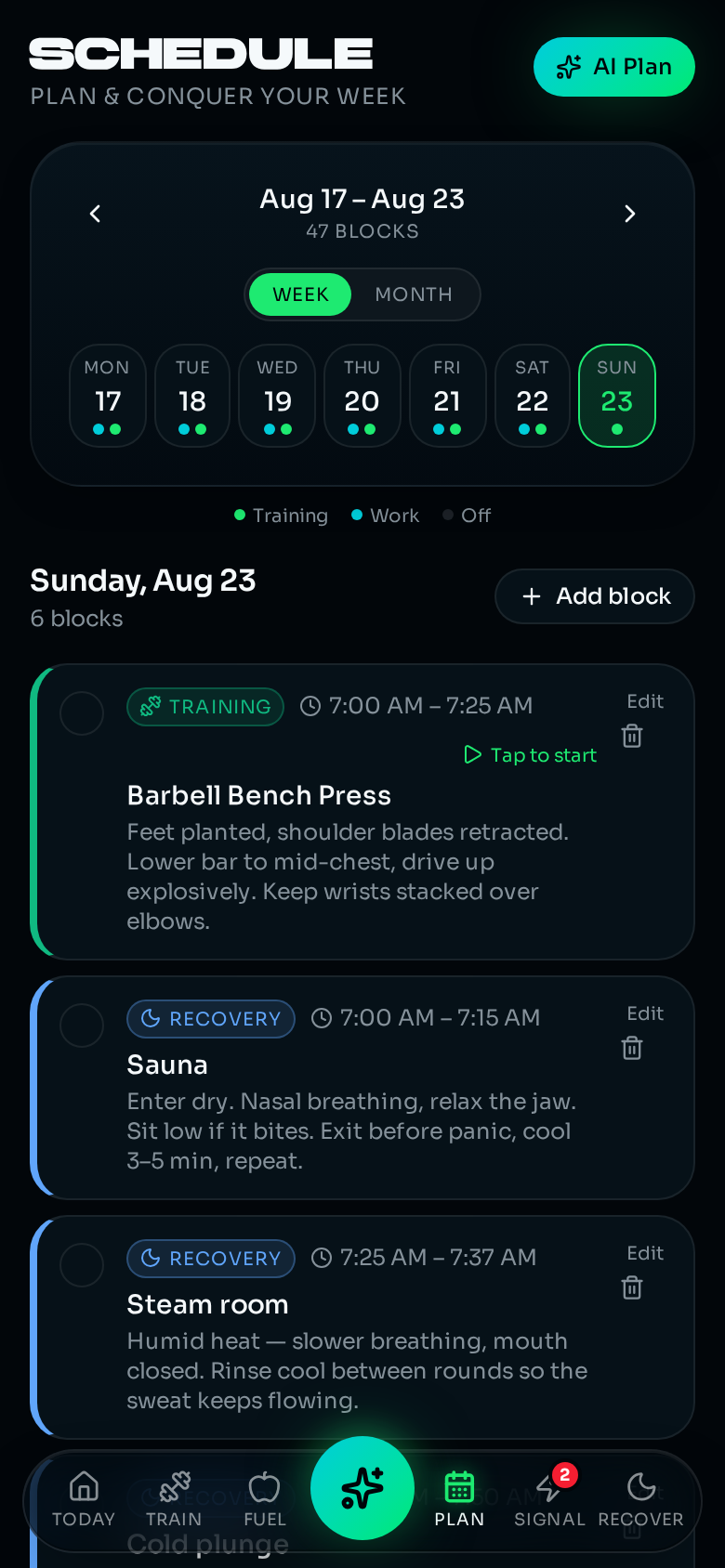 Weekly schedule with training and recovery blocks