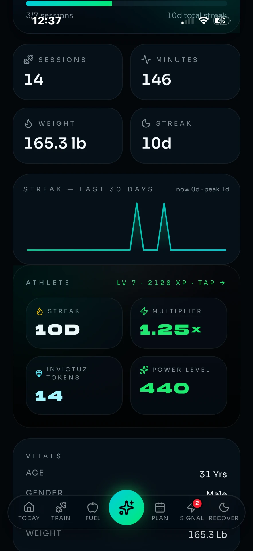 Athlete profile showing Power Level, rank, streak and vital stats