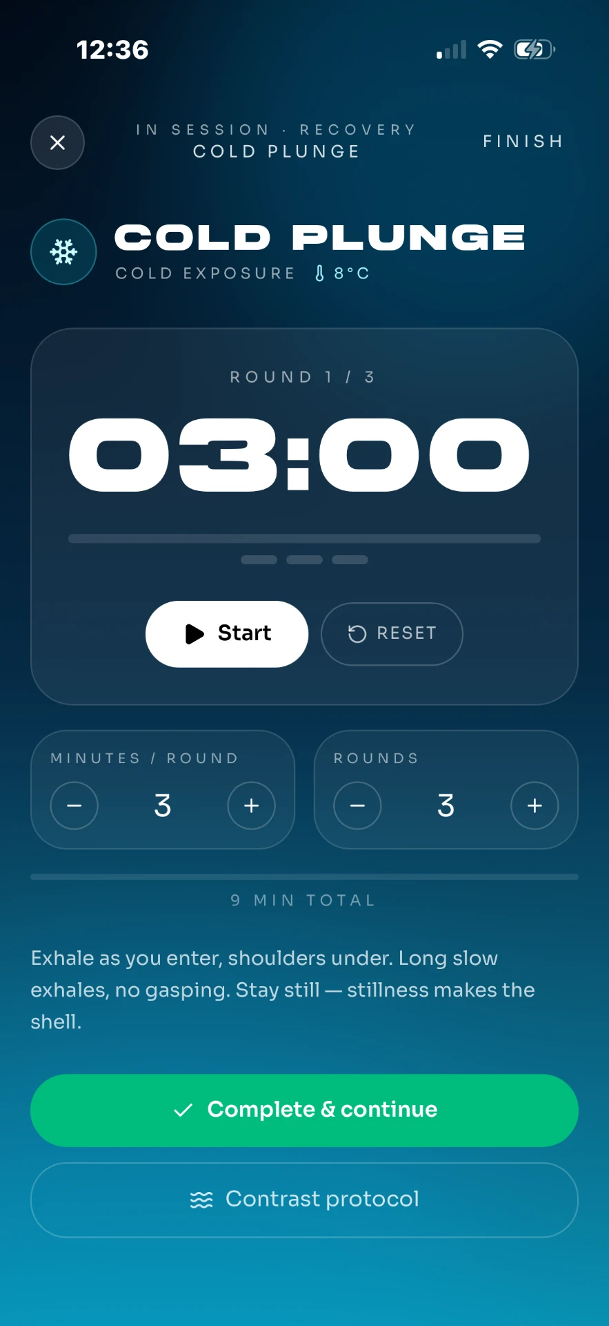Cold plunge recovery session with guided timer