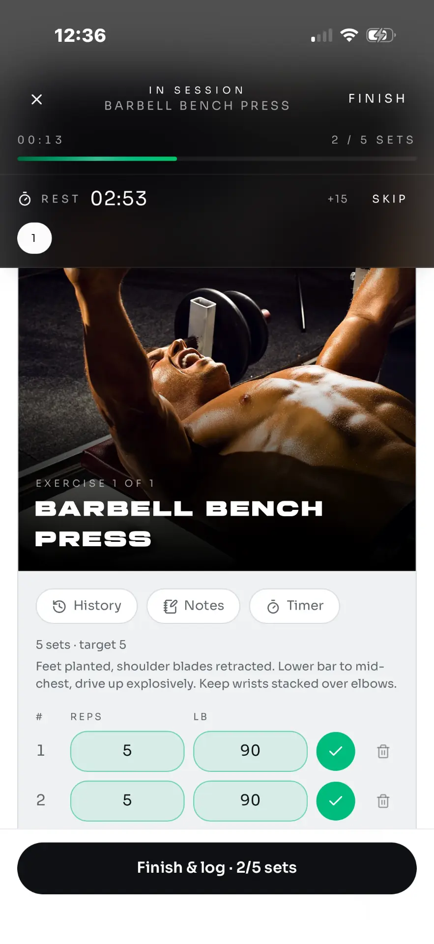 Guided in-session workout with set logging