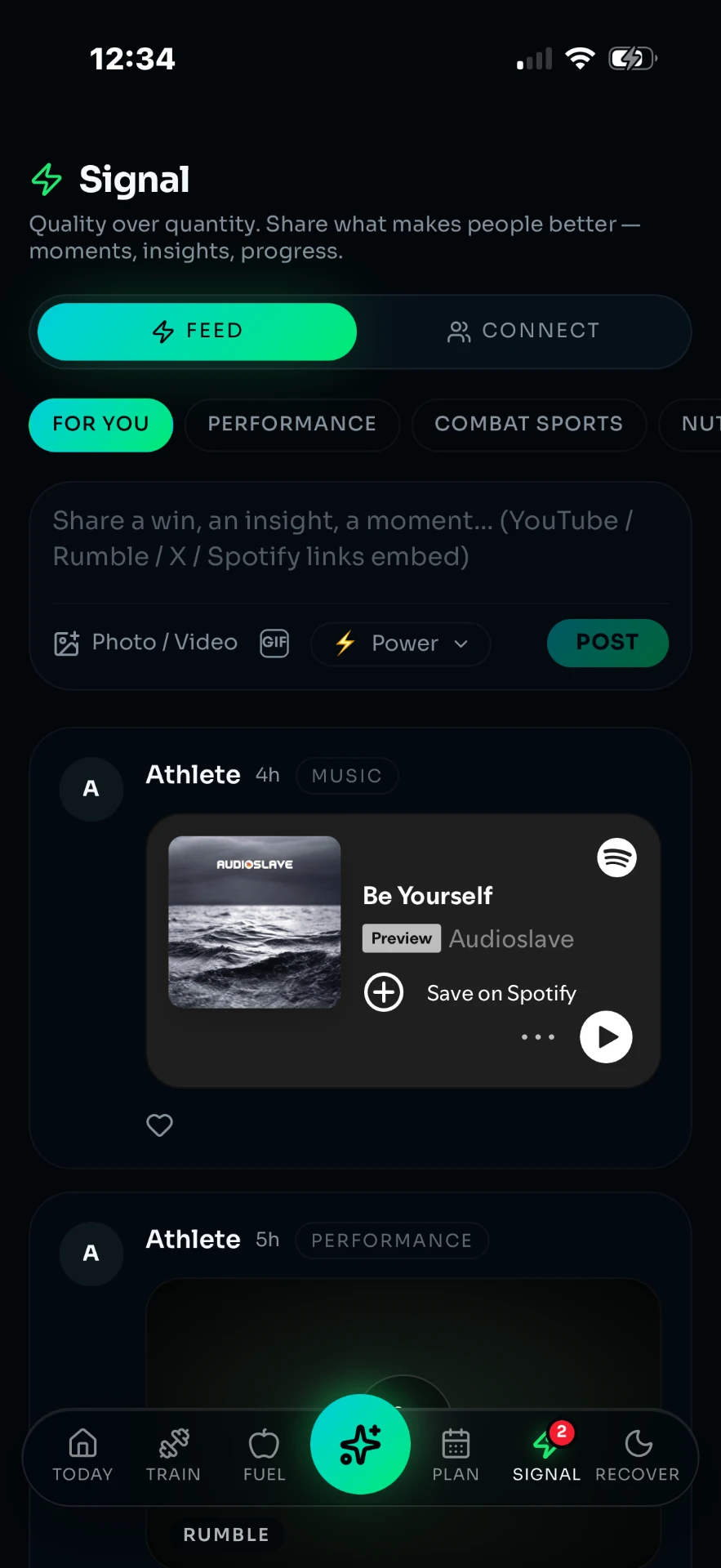 Signal feed with a music post in a quality-first feed
