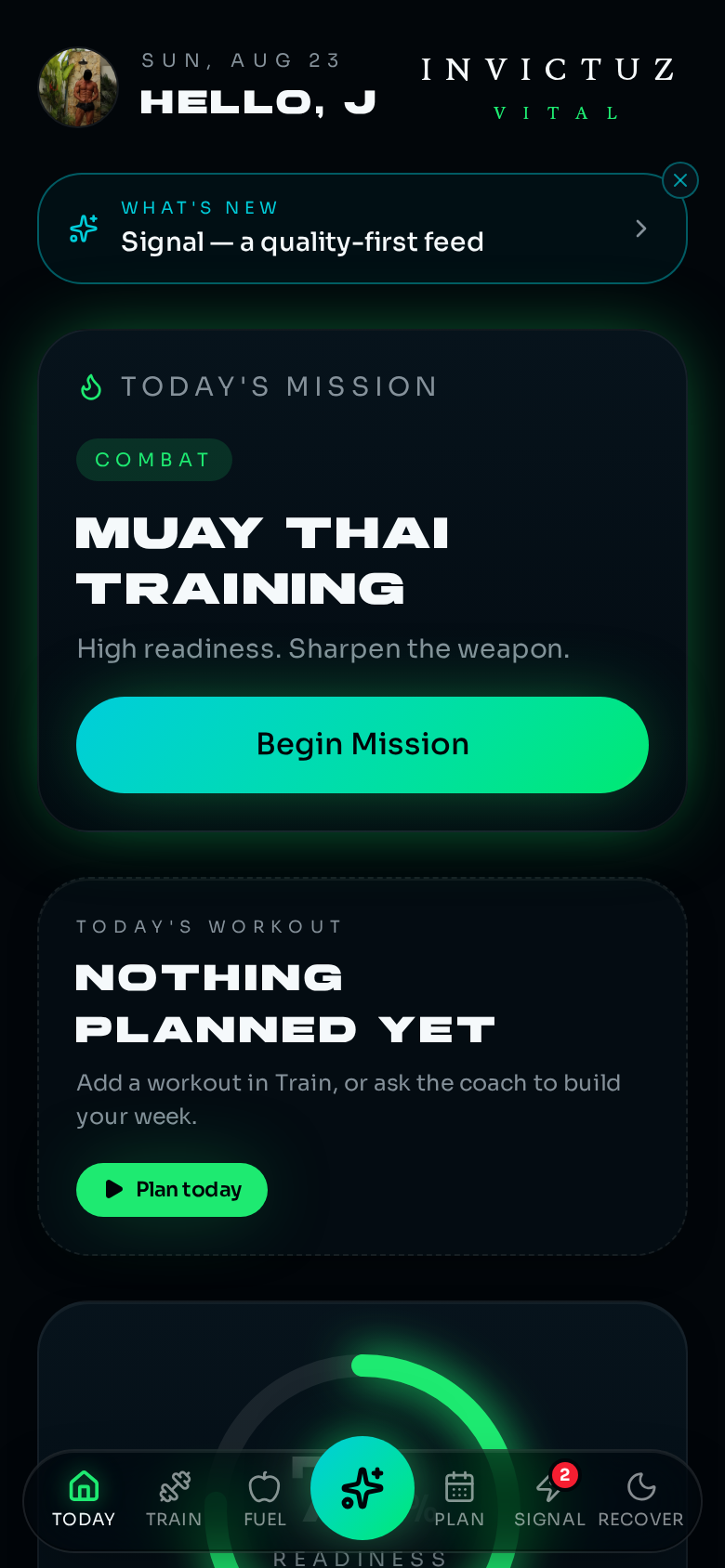 Invictuz Vital Today screen showing today's mission and planned workout